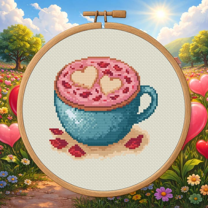 Heart Marshmallow Cocoa Mug – Valentine Hot Chocolate cross-stitch pattern preview