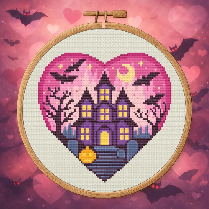 Heart of the Haunted – Haunted House Heart cross-stitch pattern preview