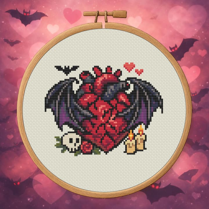 Heart of the Night – Gothic Anatomical Heart cross-stitch pattern preview