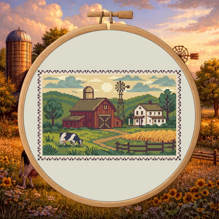Heartland Farmstead – Cozy Farmhouse Landscape cross-stitch pattern preview