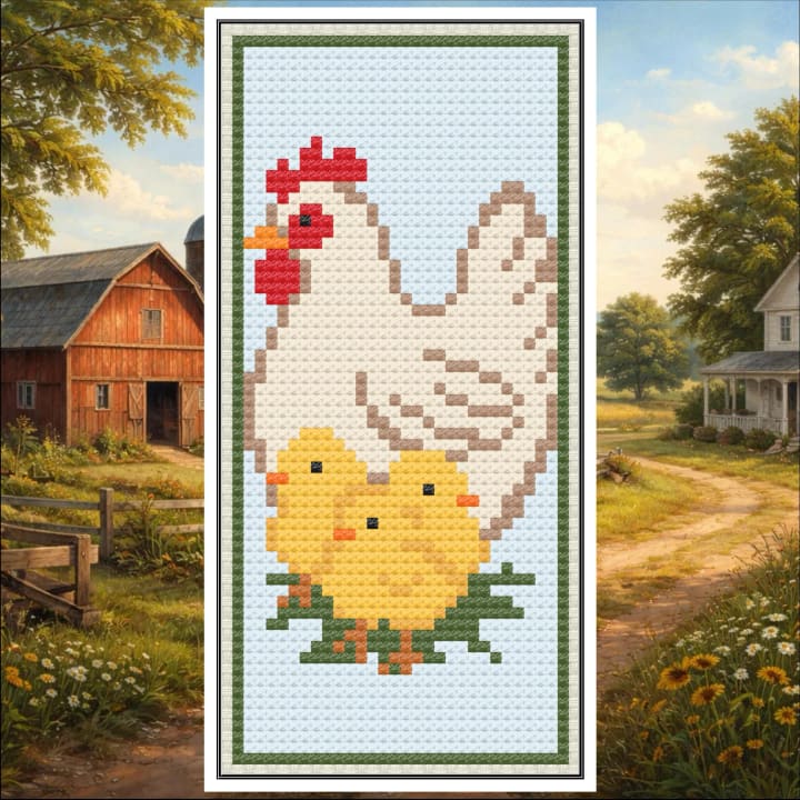 Hen and Chicks Bookmark – Farmhouse Chicken cross-stitch pattern preview