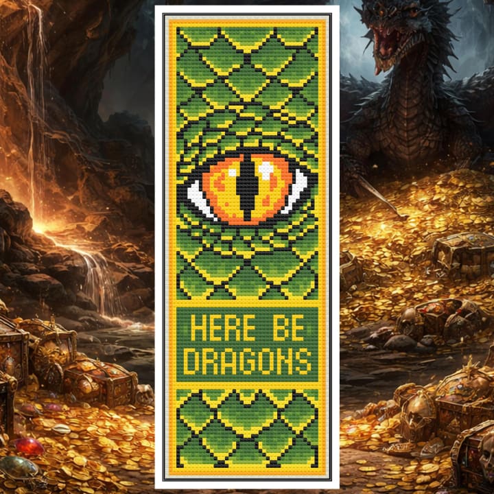 Here Be Dragons Bookmark – Dragon Eye cross-stitch pattern preview
