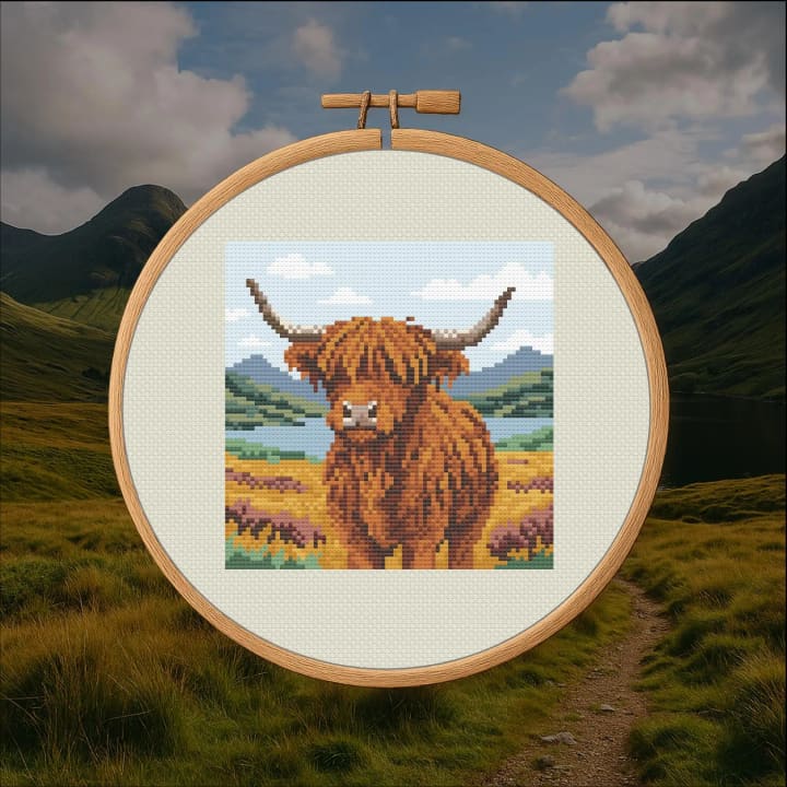 Highland Charm in Stitches – Scottish Highland Cow cross-stitch pattern preview