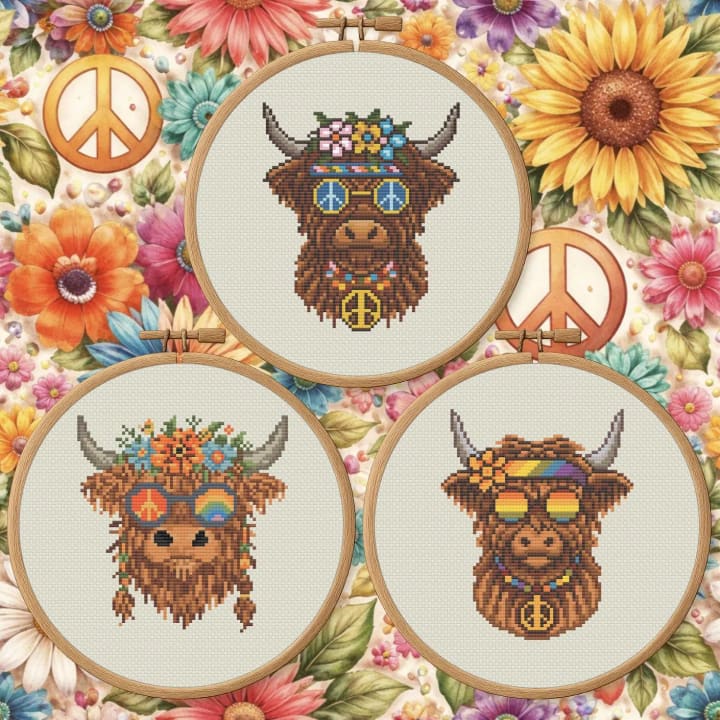 Highland Cow Bundle – Funny Groovy Boho cross-stitch pattern preview