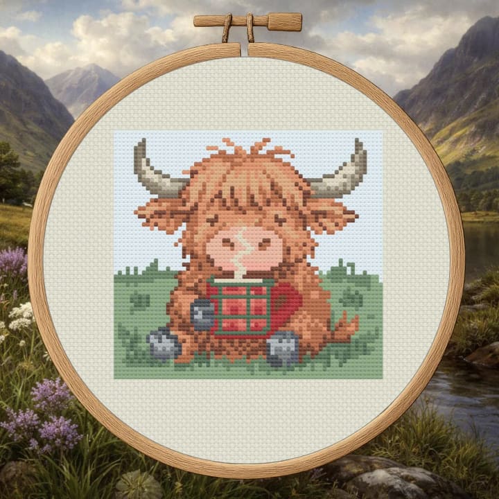 Highland Cow Coffee Break – Cozy Highland Cow cross-stitch pattern preview