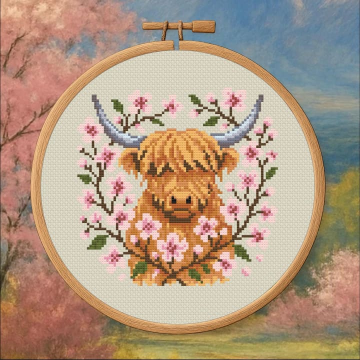 Highland Cow with Cherry Blossoms – Spring cross-stitch pattern preview