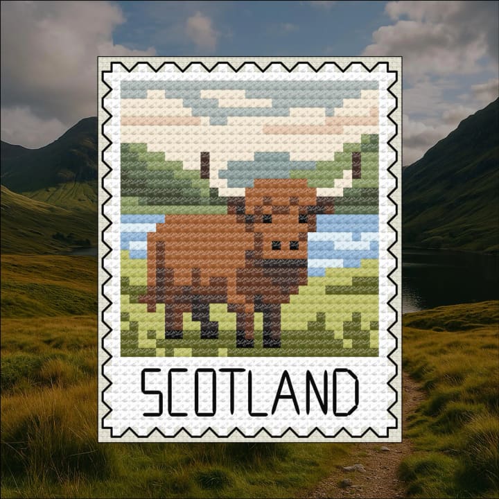Highland Horizons – Scottish Highlands – European Postage Stamp Series cross-stitch pattern preview