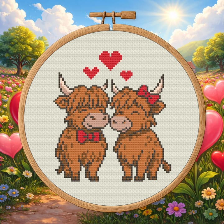 Highland Sweethearts – Cute Highland Cow Couple cross-stitch pattern preview