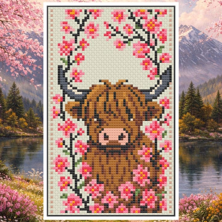 Highland Under the Blossoms – Spring Highland Cow cross-stitch pattern preview