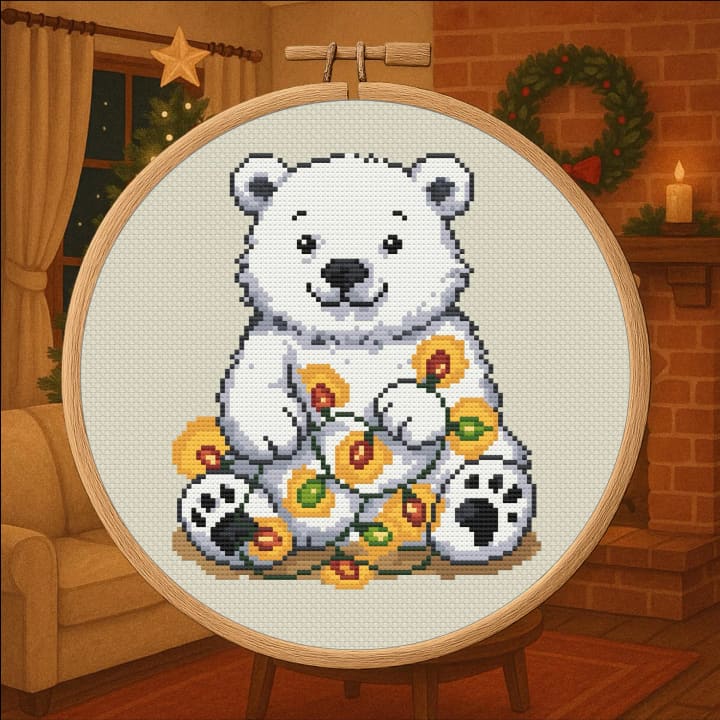 Holiday Bear Tangle – Christmas Lights Bear Cross Stitch cross-stitch pattern preview