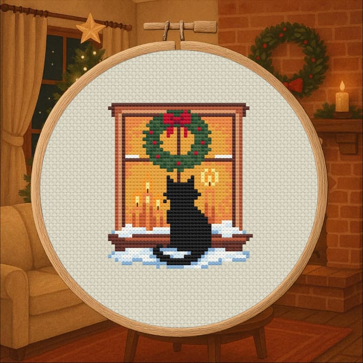 Holiday Cat – Yuletide Window, Winter Decor cross-stitch pattern preview