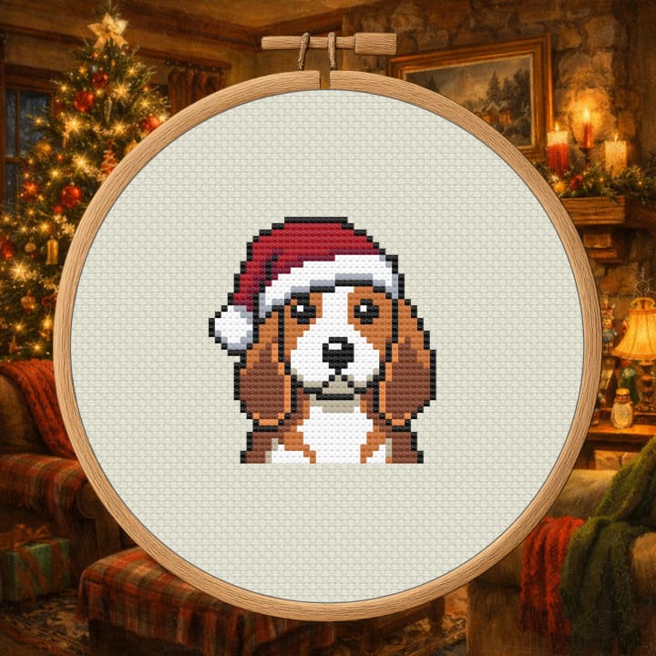 Holiday Hound in Red – Santa Hat Dog cross-stitch pattern preview