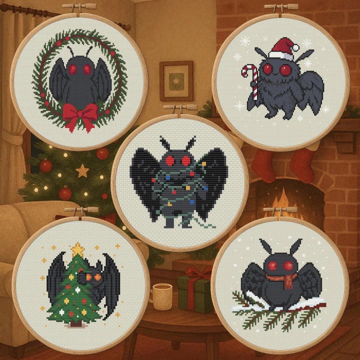 Holiday Mothman Bundle – 5 Cryptid Christmas cross-stitch pattern preview