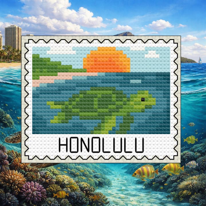 Honolulu Sea Turtle Stamp - Hawaii Capitol cross-stitch pattern preview