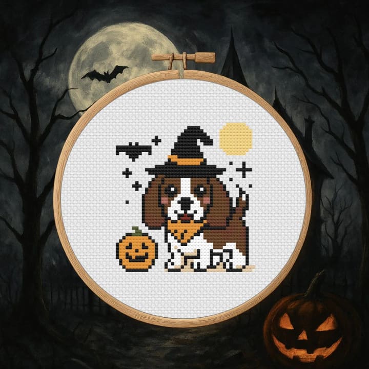 Howl-o-ween Basset – Dog – Halloween cross-stitch pattern preview