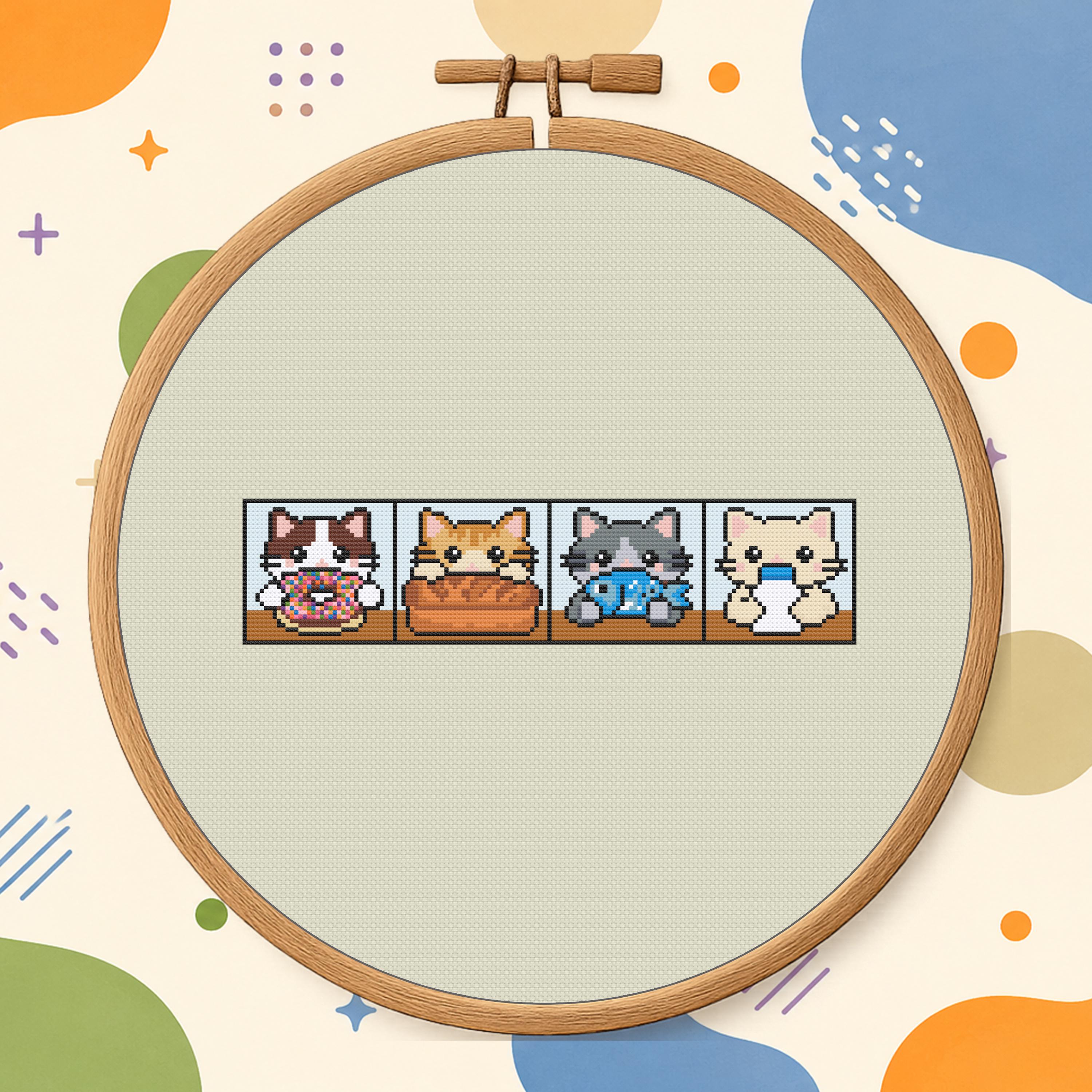 Hungry Cats Cross Stitch Pattern PDF - Cute Cat Design cross-stitch pattern preview