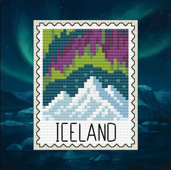 Iceland (Night Glacier) - Europe Postage Stamp Series cross-stitch pattern preview