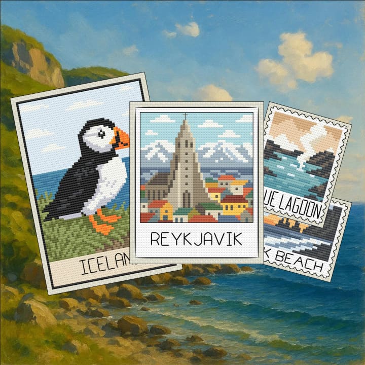 Iceland Travel – Reykjavik, Puffin, Blue Lagoon cross-stitch pattern preview