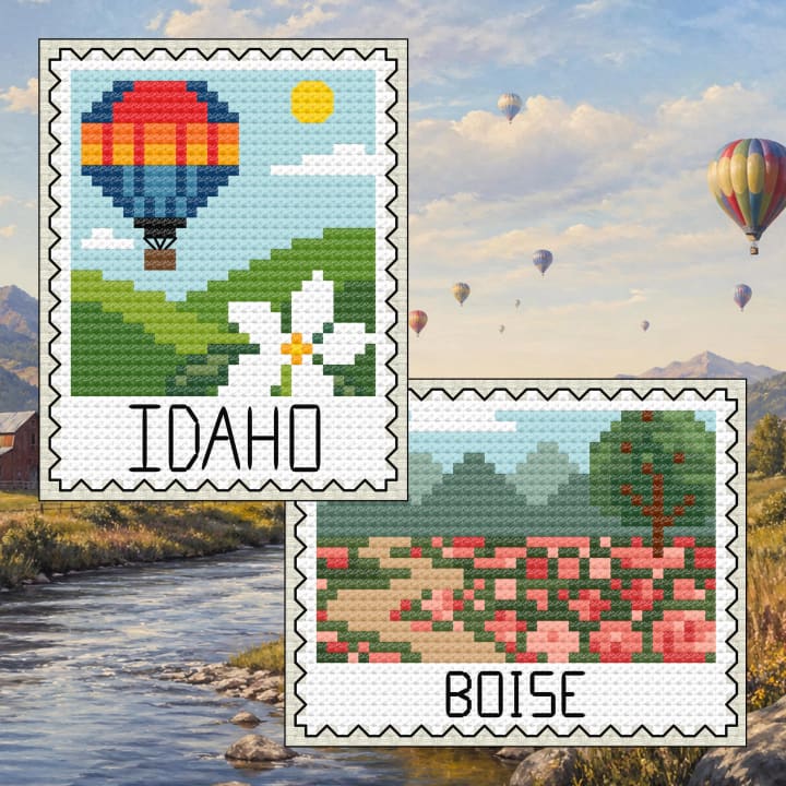 Idaho Hot Air Balloon & Boise Wildflowers cross-stitch pattern preview