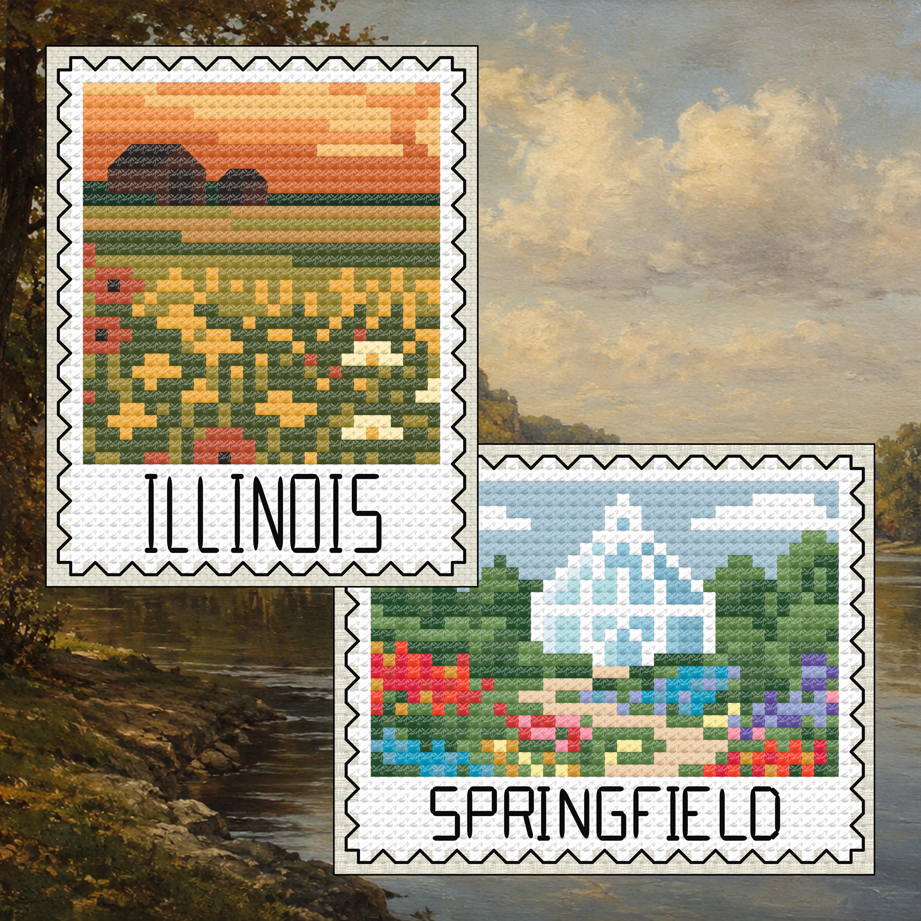 Illinois Cross Stitch Pattern Bundle: Illinois Prairie Sunset Stamp + Springfield Botanical Garden Set cross-stitch pattern preview