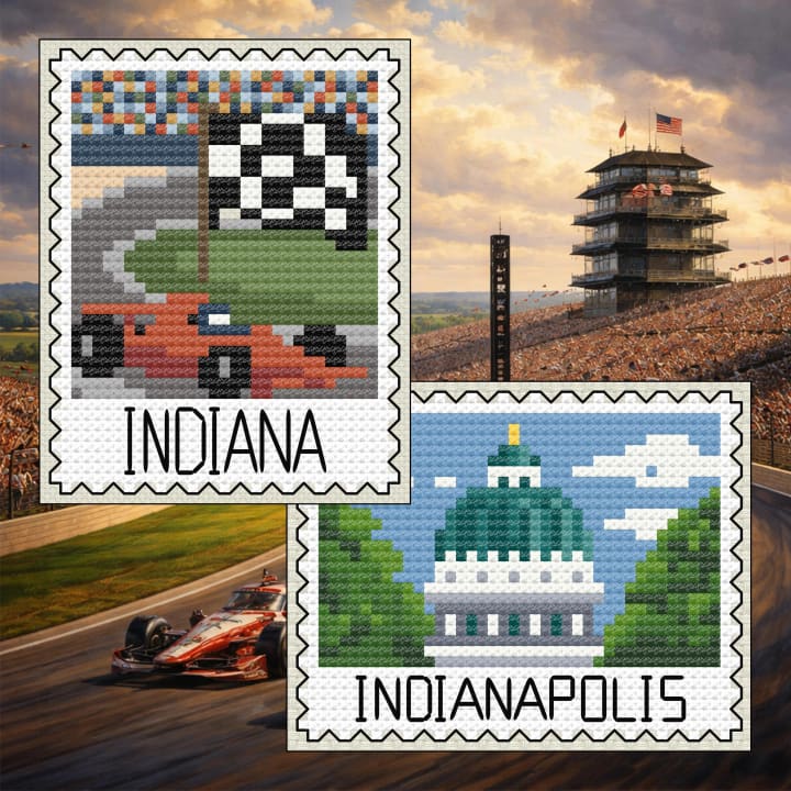 Indiana Bundle: Victory Lap Race Car + Indianapolis Statehouse Stamp cross-stitch pattern preview