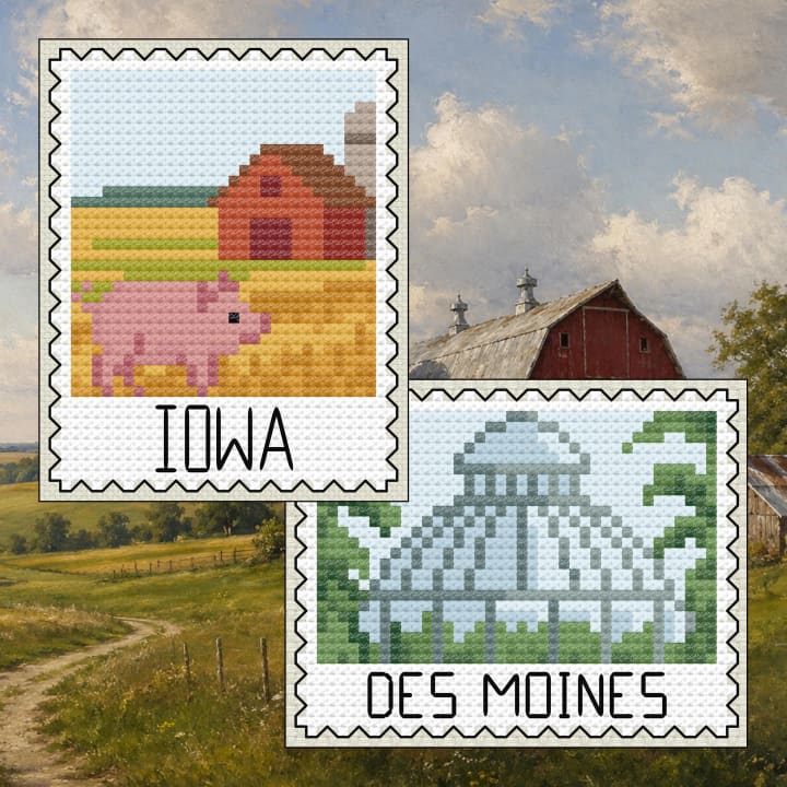 Iowa & Des Moines Stamp Bundle – State + Capital Set cross-stitch pattern preview
