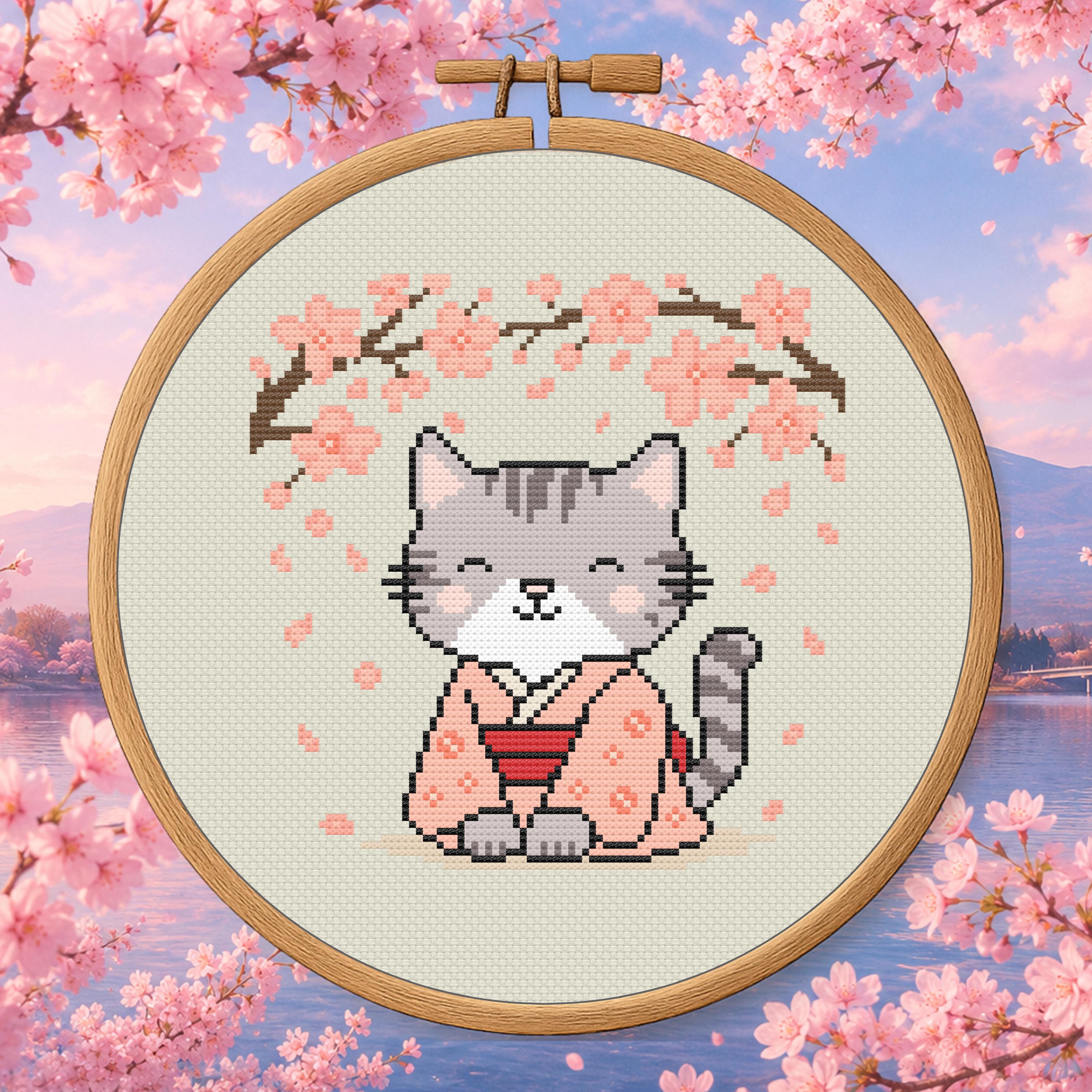 Japan Blossom Cat Cross Stitch Pattern PDF - Sakura Cat cross-stitch pattern preview