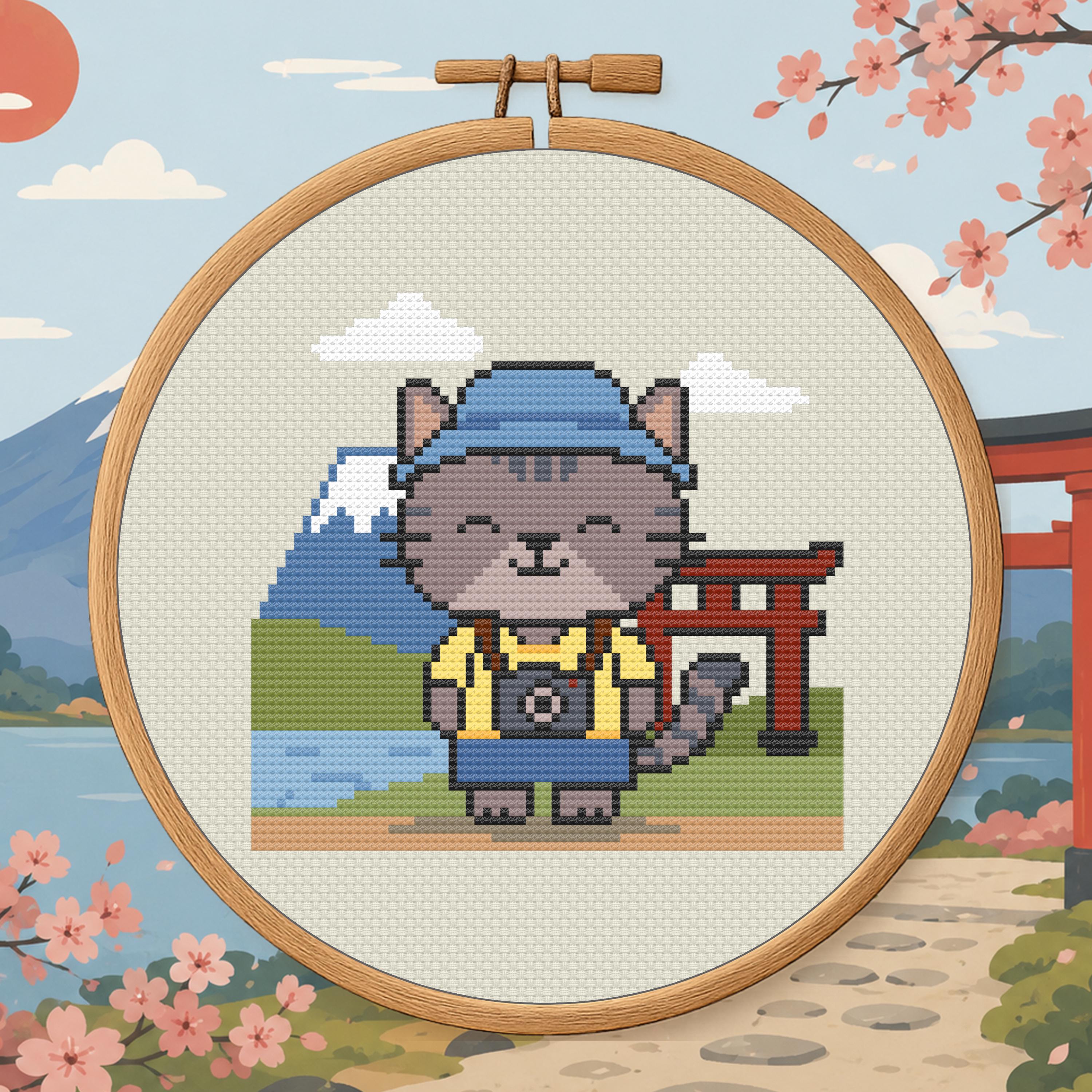 Japan Cat Cross Stitch Pattern PDF - Kawaii Travel Cat cross-stitch pattern preview
