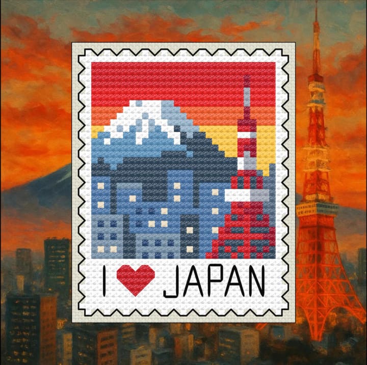 Japan Stamp: Mt. Fuji & Tokyo Tower cross-stitch pattern preview