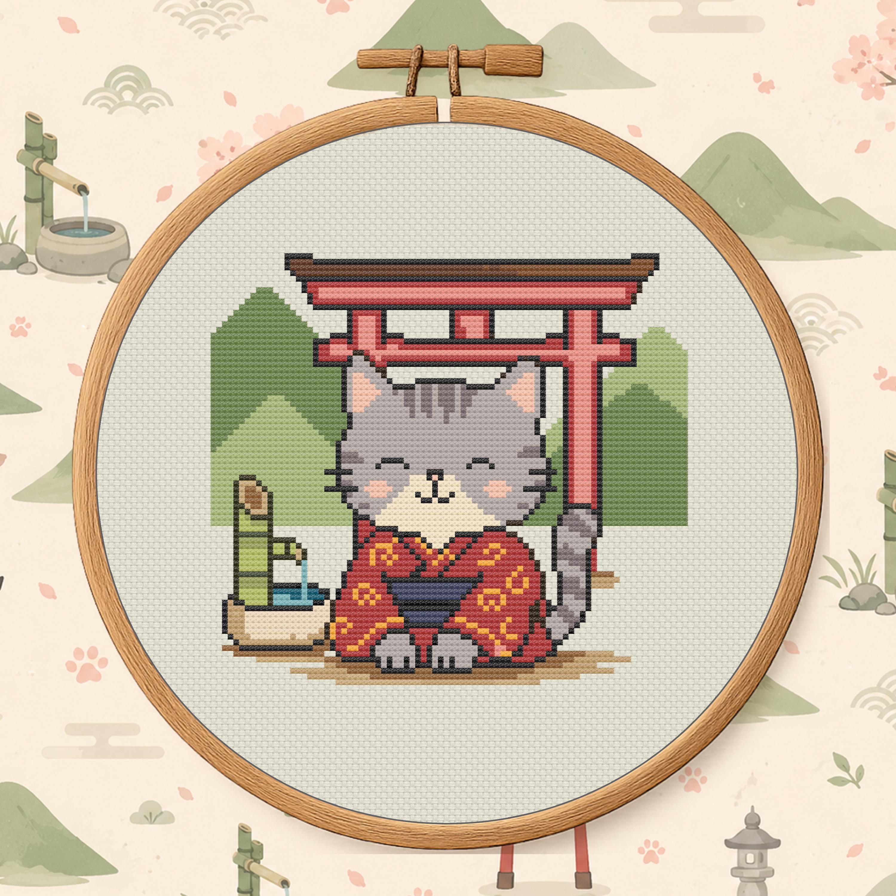 Japan Torii Cat Cross Stitch Pattern PDF - Kawaii Cat Travel Design cross-stitch pattern preview