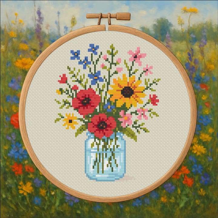 Jar of Wildflowers - Modern Floral cross-stitch pattern preview