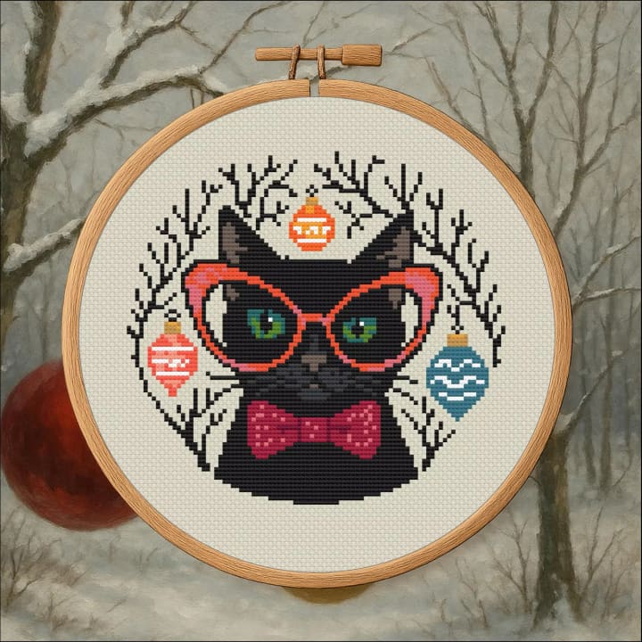 Jingle Cat Chic – Holiday Cat cross-stitch pattern preview