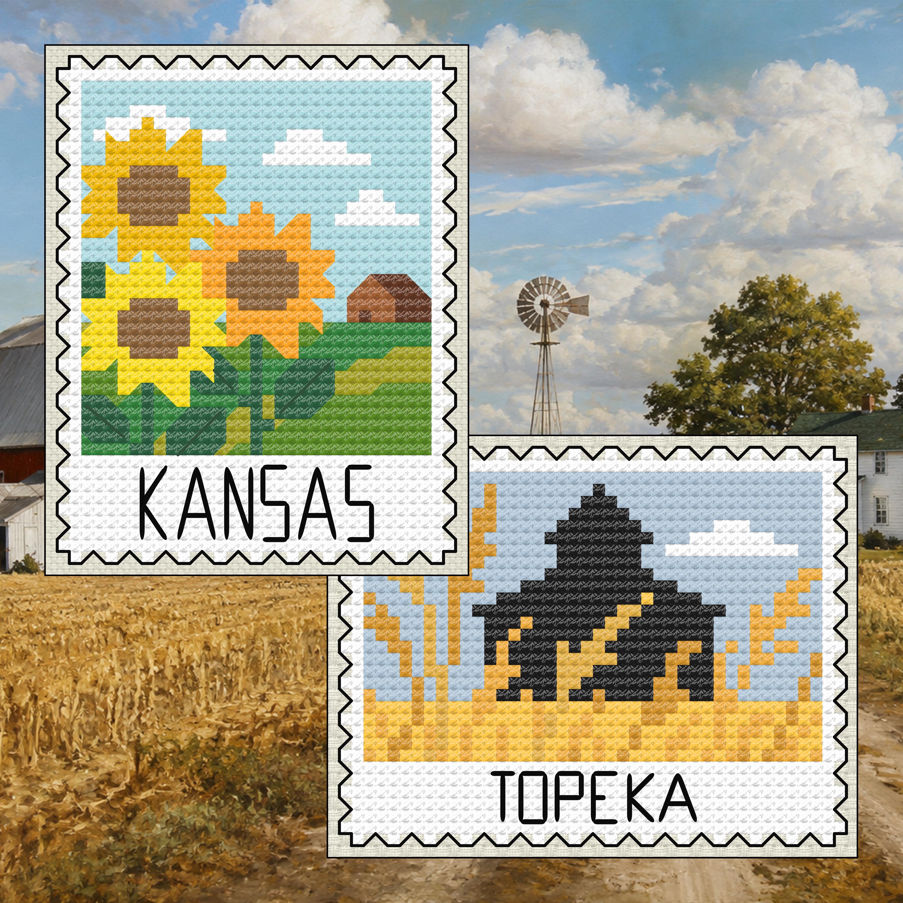 Kansas Cross Stitch Pattern Bundle: Kansas Sunflower Fields Stamp + Topeka Prairie Landmark Set cross-stitch pattern preview
