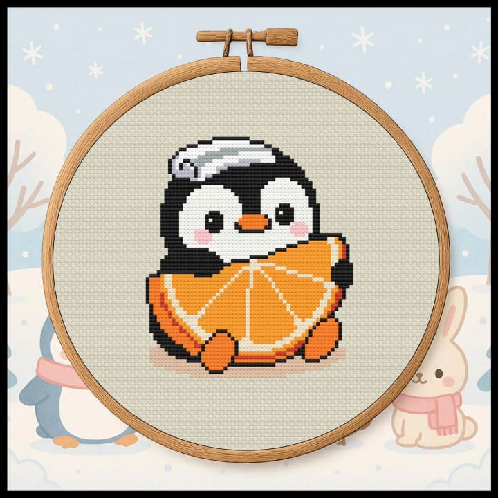 Kawaii Penguin with Orange cross-stitch pattern preview