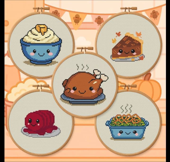 Kawaii Thanksgiving Feast – Holiday Food Cross Stitch 5 Pattern Bundle cross-stitch pattern preview