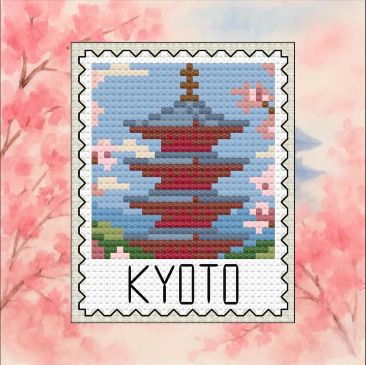 Kyoto Pagoda – Japanese Cherry Blossom cross-stitch pattern preview
