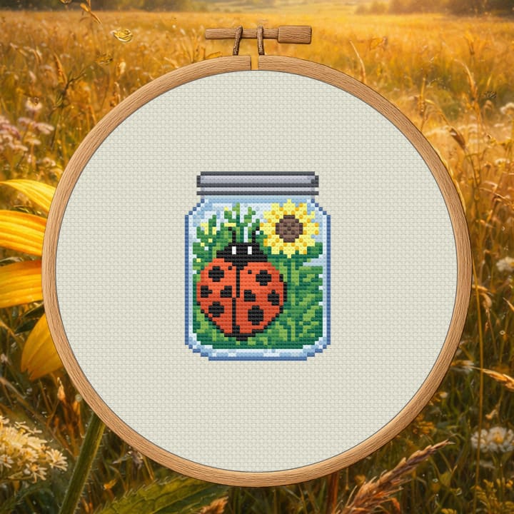 Ladybug Summer Jar – Ladybug & Sunflower cross-stitch pattern preview