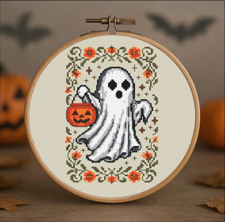 Lantern Lurker – Ghost – Halloween cross-stitch pattern preview