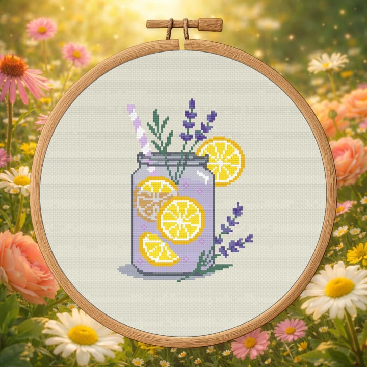 Lavender Lemonade Mason Jar – Summer Drink cross-stitch pattern preview