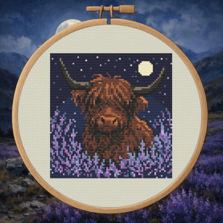 Lavender Moon Highland – Mystical Highland Landscape cross-stitch pattern preview