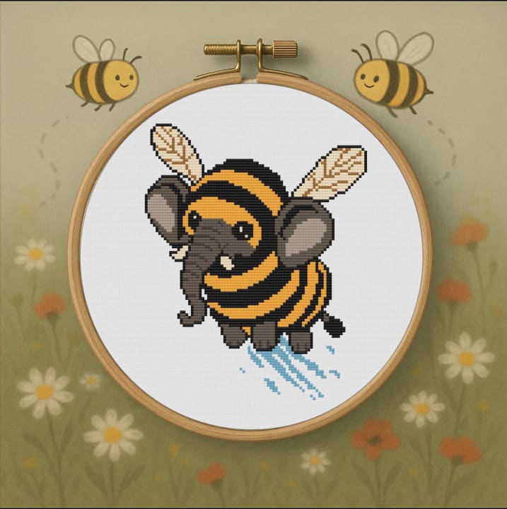 Let It Bee – Flying Elephant Bee cross-stitch pattern preview