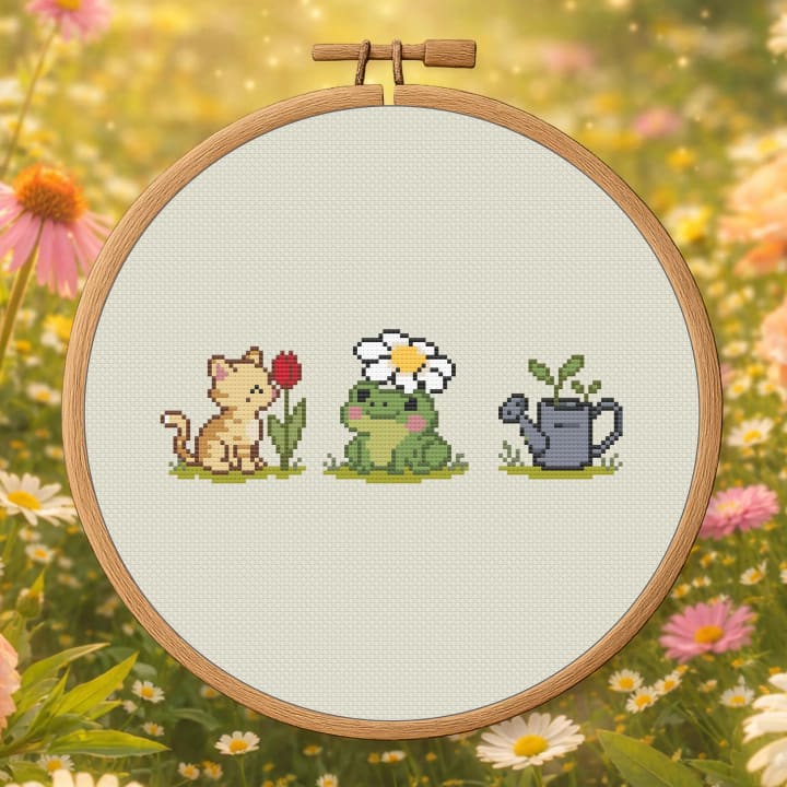 Little Garden Companions – Cat, Frog & Watering Can cross-stitch pattern preview