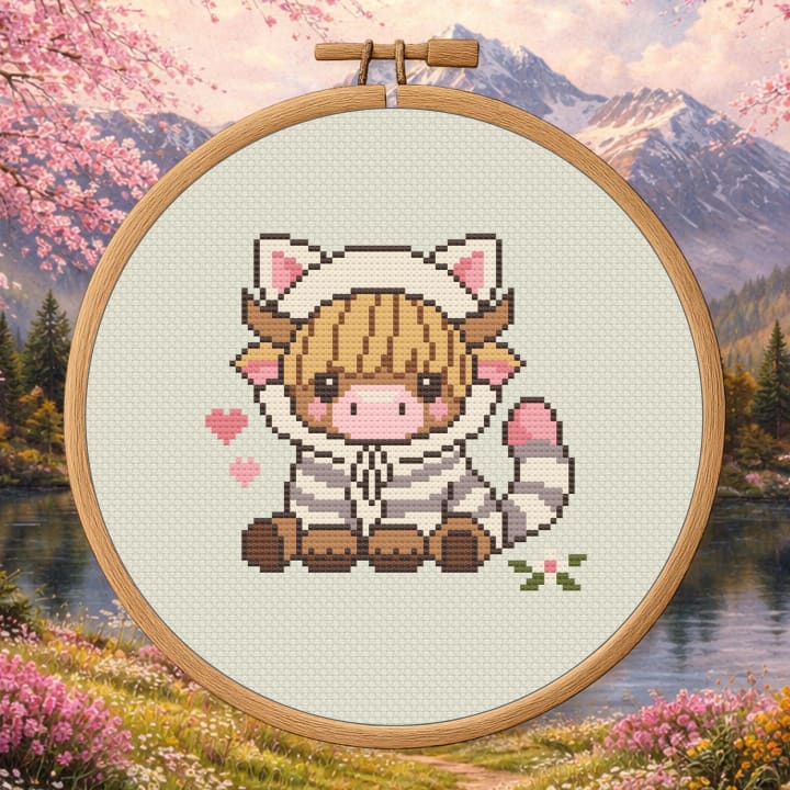 Little Highland Raccoon Friend – Cute Highland Cow in Raccoon Costume cross-stitch pattern preview