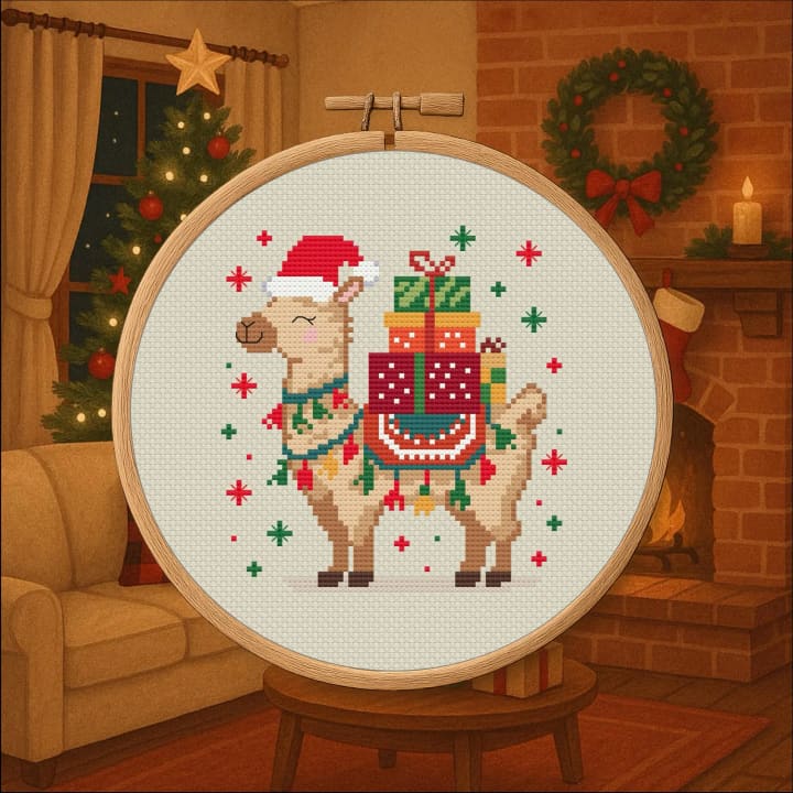 Llama Delivering Presents cross-stitch pattern preview