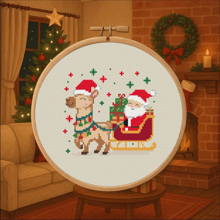 Llama Pulling Santa cross-stitch pattern preview