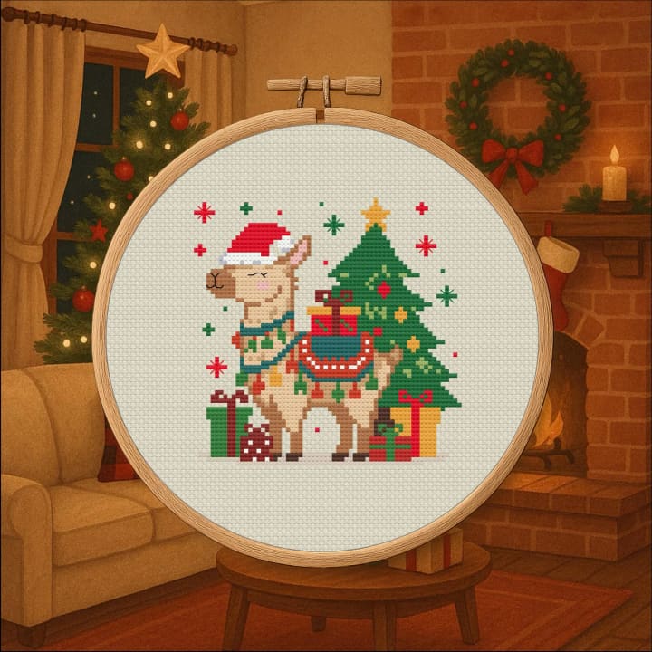 Llama with Christmas Tree cross-stitch pattern preview
