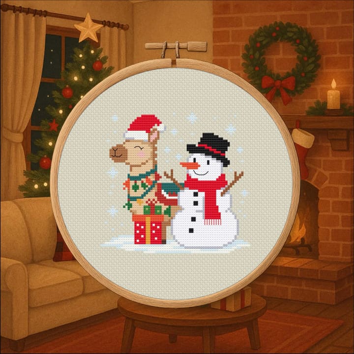 Llama with Snowman cross-stitch pattern preview