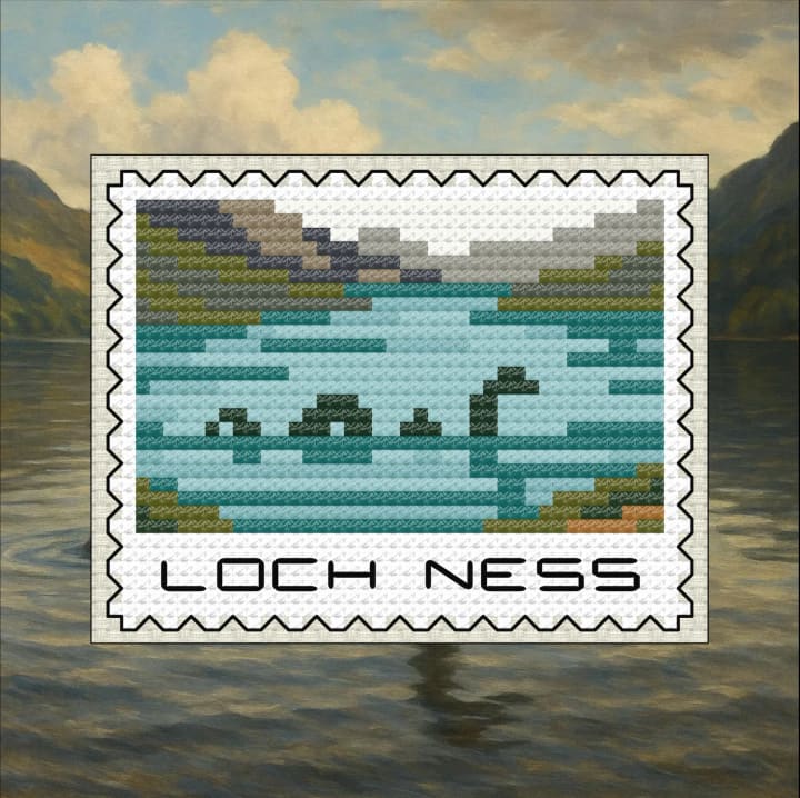 Loch Ness Monster: Scotland Postage Stamp cross-stitch pattern preview