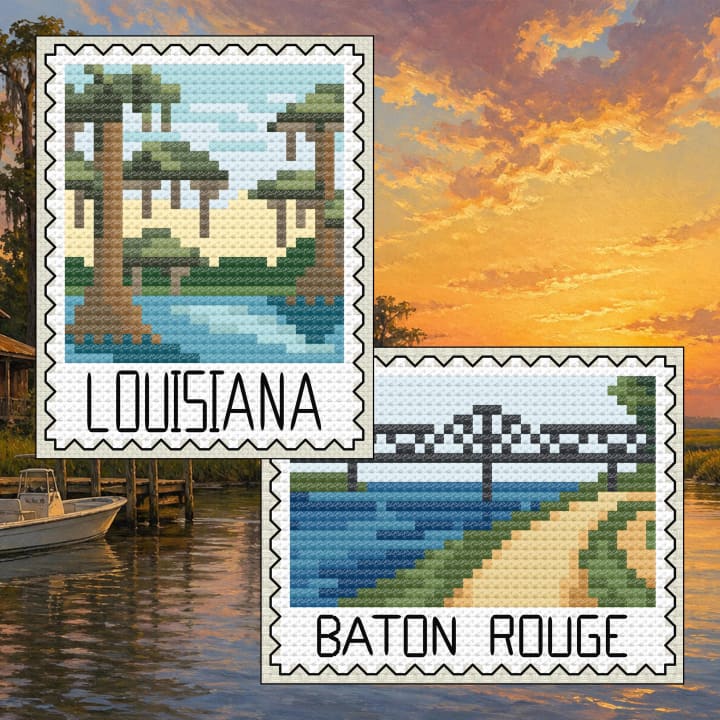 Louisiana Bayou & Baton Rouge Stamps cross-stitch pattern preview