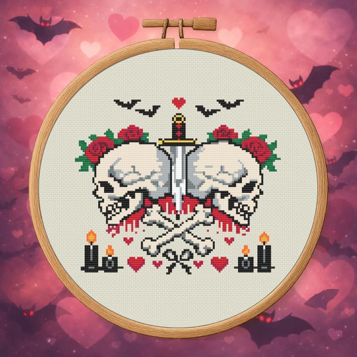 Love Beyond the Grave – Gothic Skull Valentine cross-stitch pattern preview